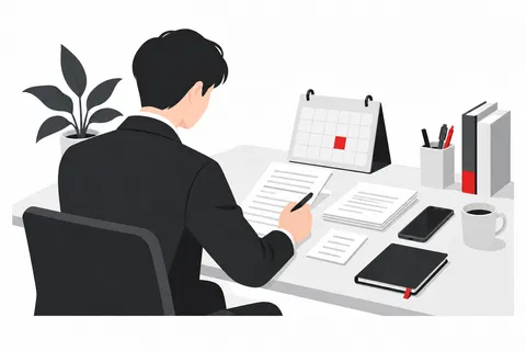 출석 일정과 진술 메모를 확인하는 인물의 비실사 일러스트