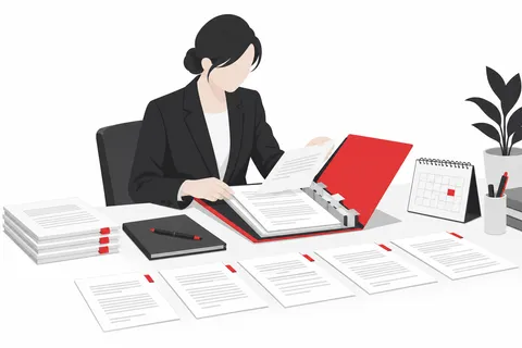 사건 기록과 재판 일정을 정리하는 인물의 비실사 일러스트