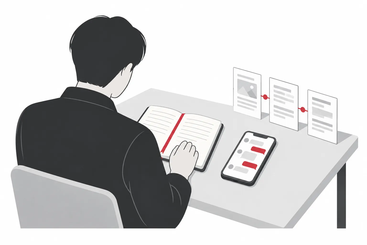 메모와 휴대전화 대화, 시간순 기록을 대조하는 인물의 비실사 일러스트