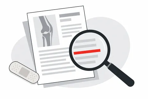 진료 관련 문서·반창고·돋보기를 배치한 상해 자료 일러스트