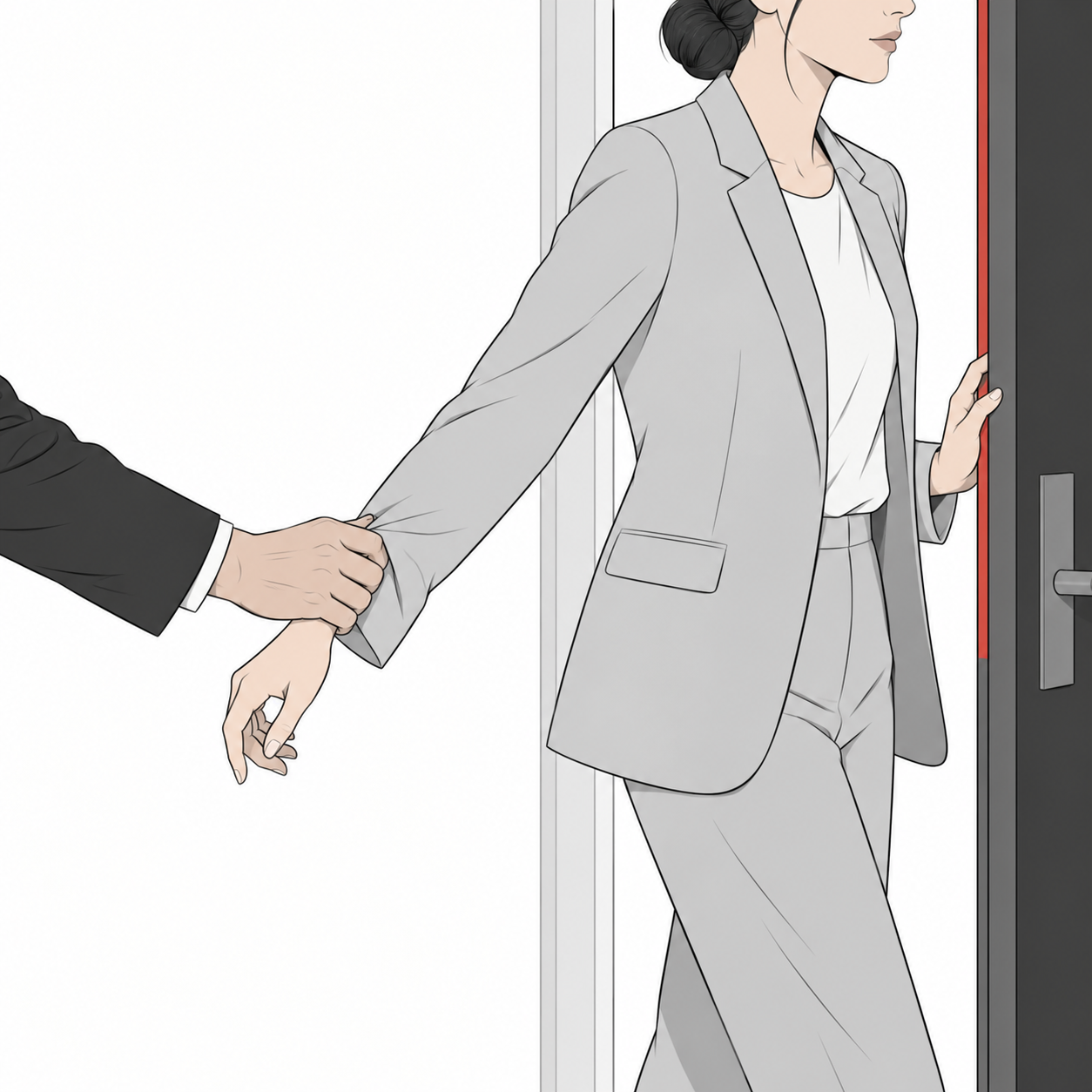 붙잡힌 소매를 벗어나려는 사람을 표현한 일러스트