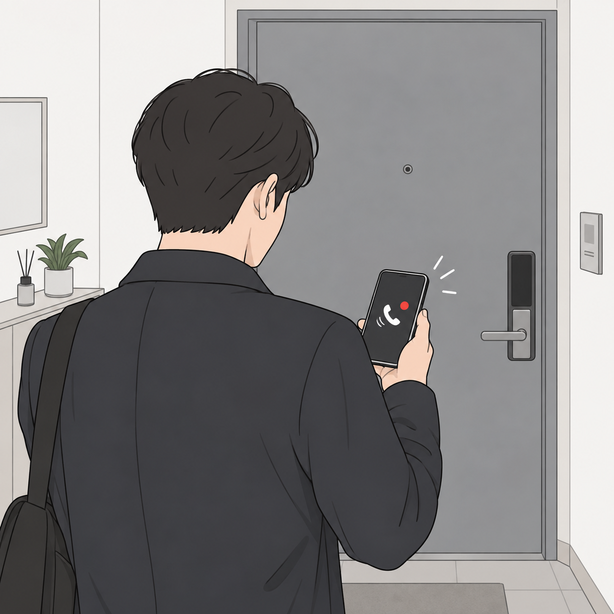 집 앞에서 반복 연락이 오는 휴대전화를 확인하는 모습