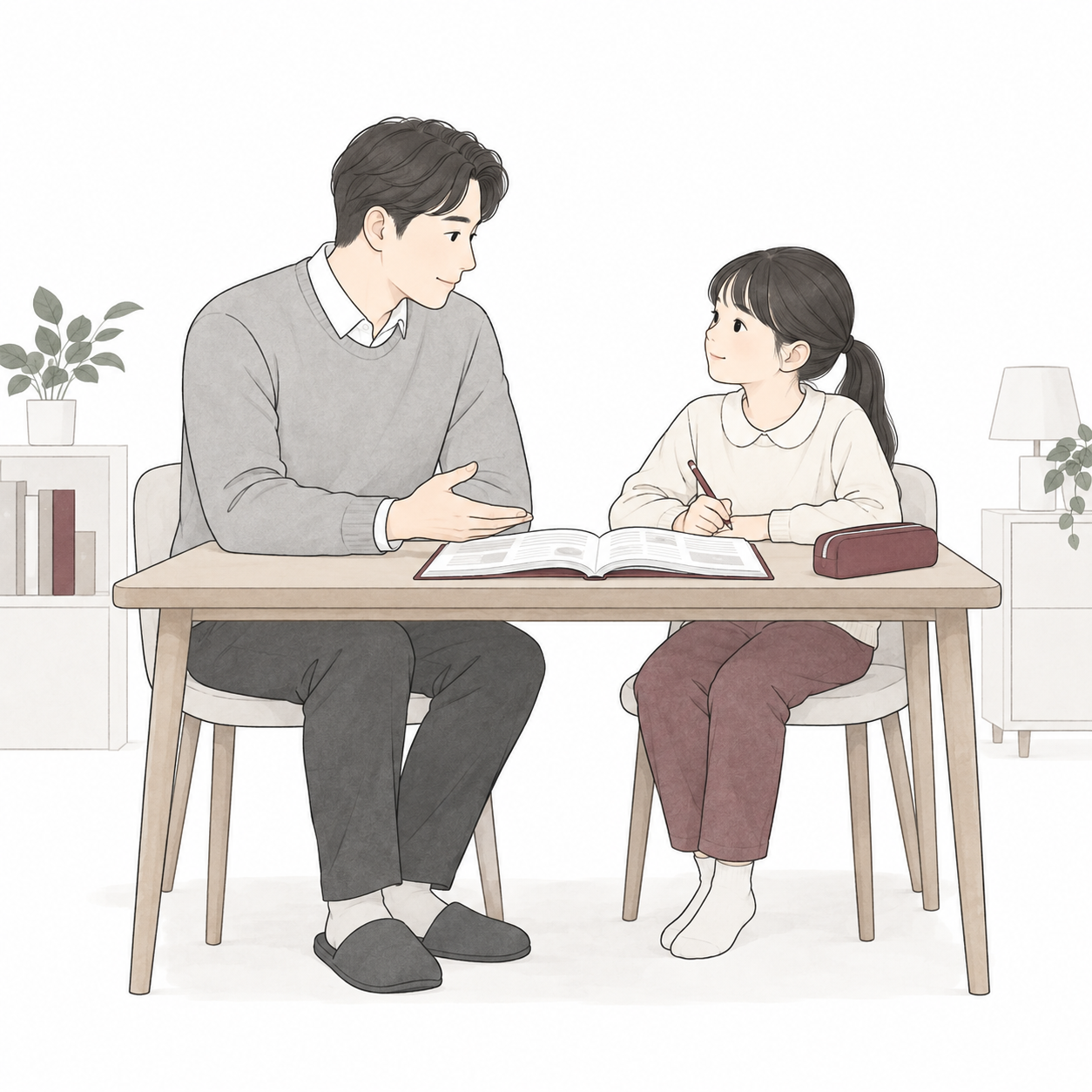 아이와 같은 눈높이에서 차분하게 숙제를 함께 살펴보는 부모의 모습