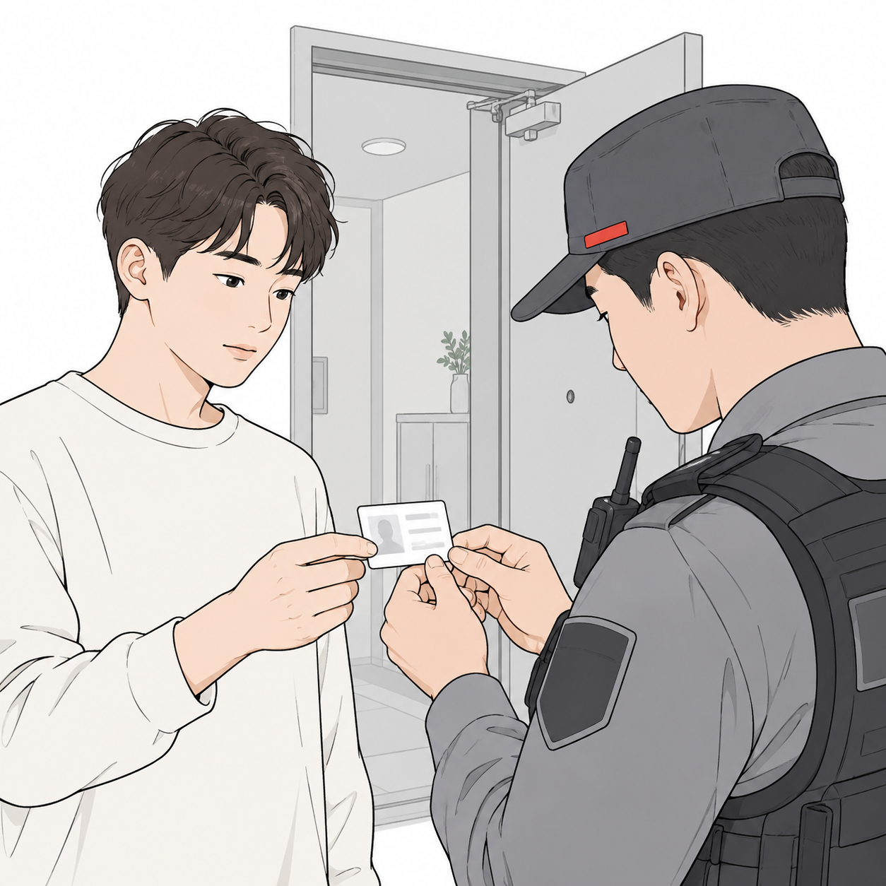 경찰이 주거지에서 신원을 확인하는 상황을 그린 삽화